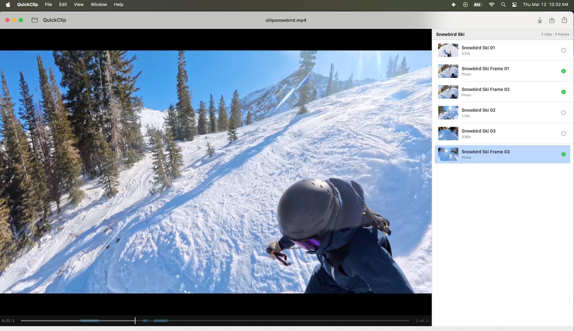 QuickClip app showing skiing video with clip list