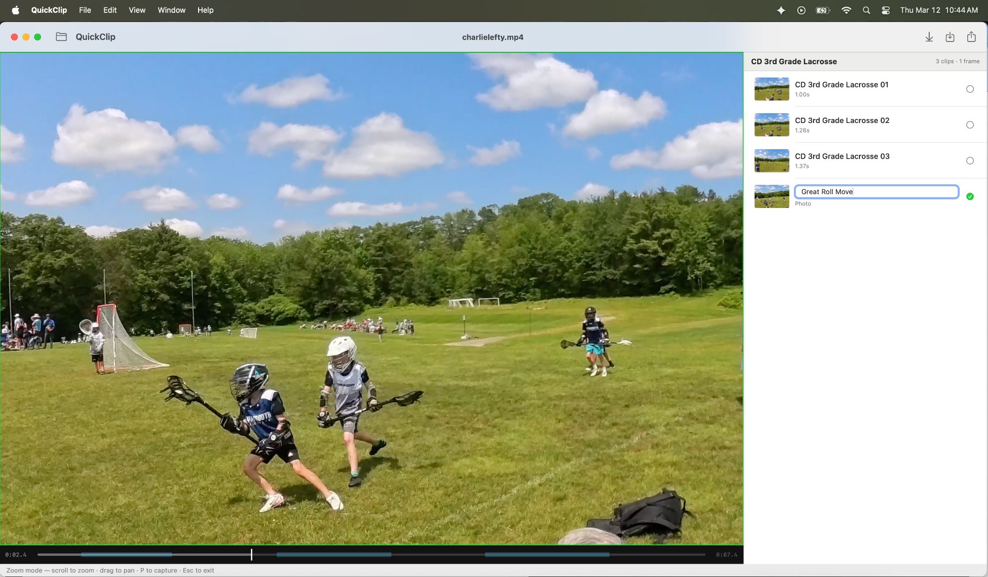 QuickClip with lacrosse video in zoom mode